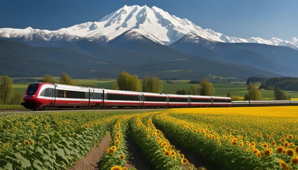 Train travel through picturesque landscape on a Europe by rail tour